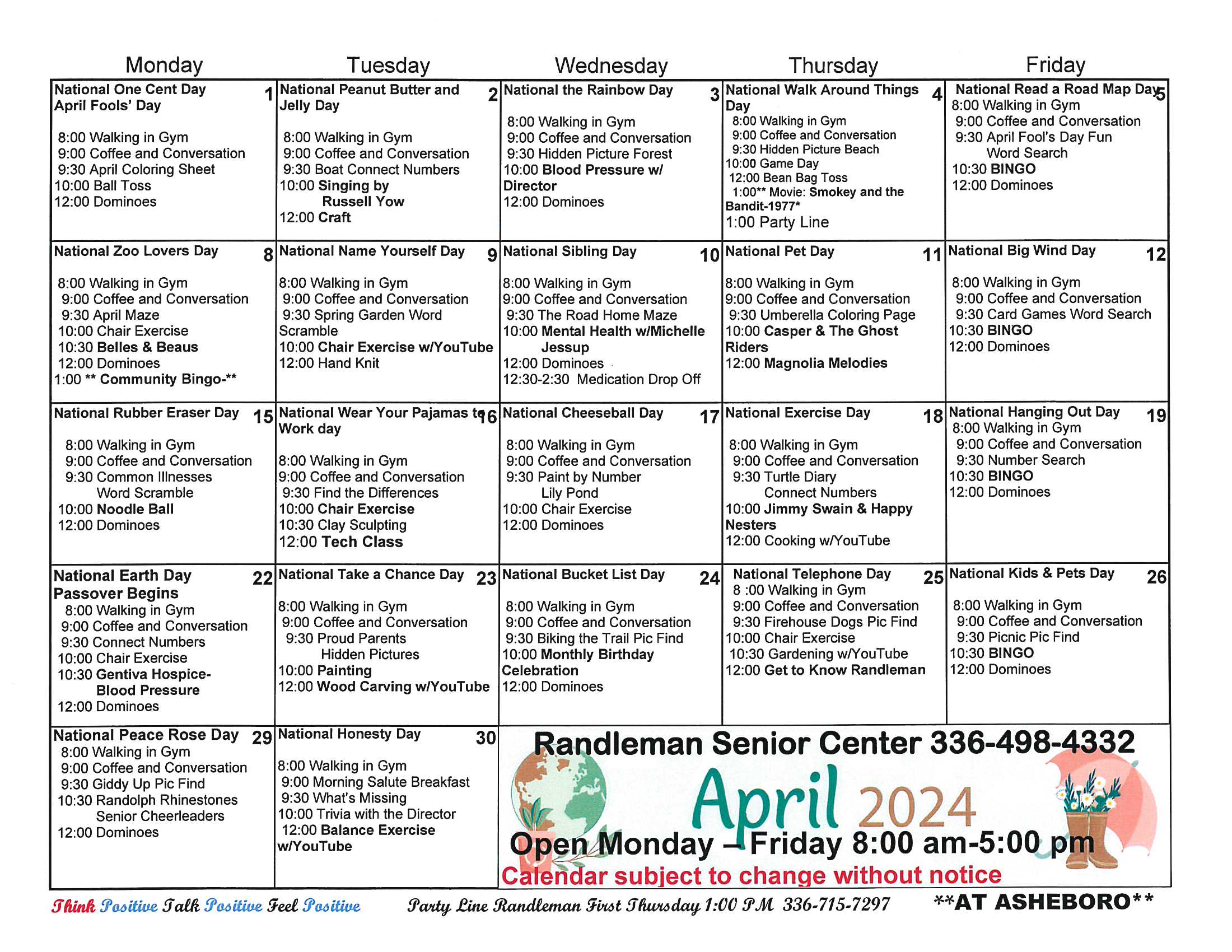 Center Calendars/Menu
